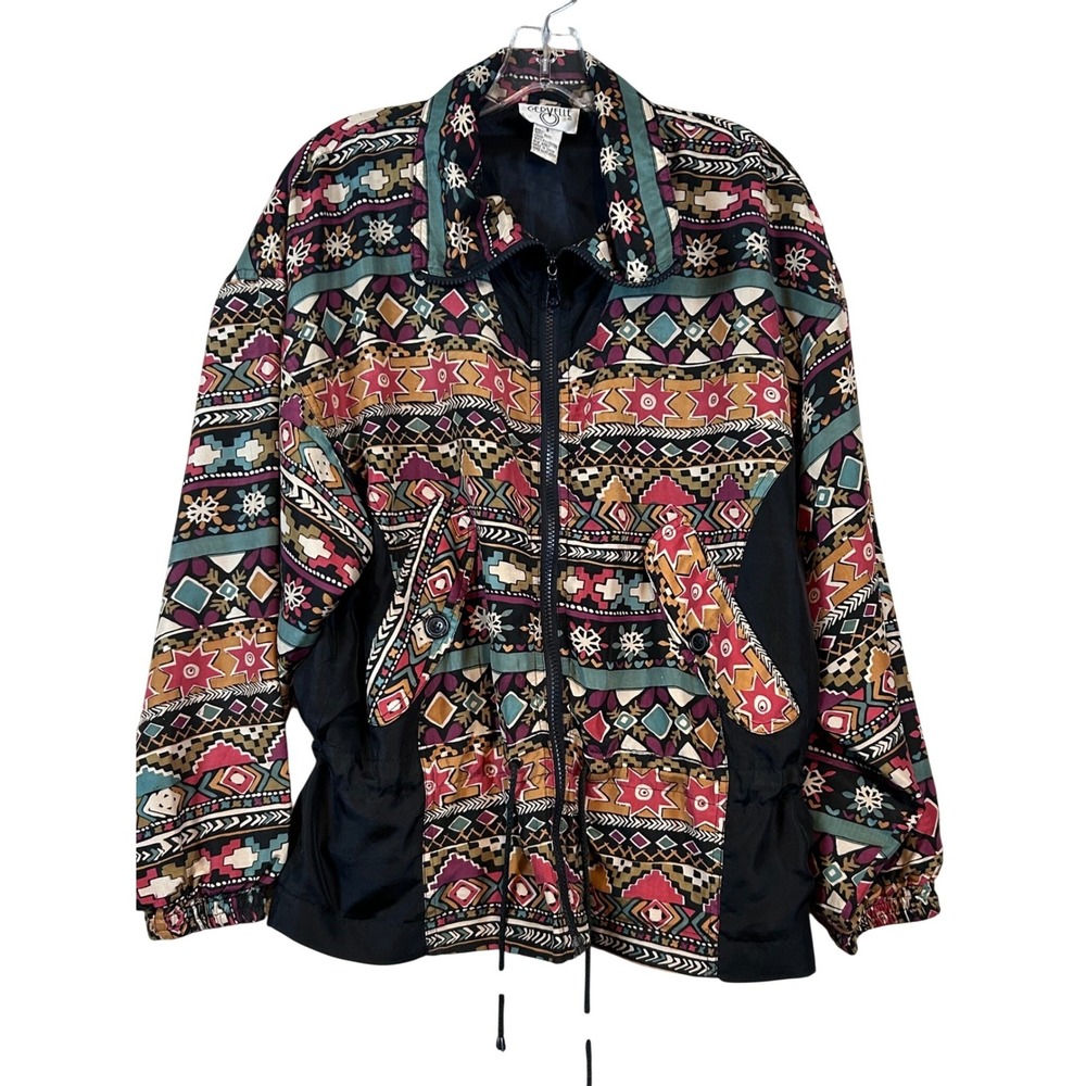 Cervelle Vintage 90s Silk Bomber Jacket Geometric Tribal Print Multi Color Small